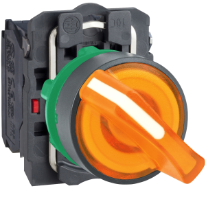 COMUTADOR MANOPLA 22MM PLASTICO LARANJA LUMINOSO LED 24V 2 POSIÇÕES FIXAS 1NA + 1NF SCHNEIDER ELECTRIC - XB5AK125B5